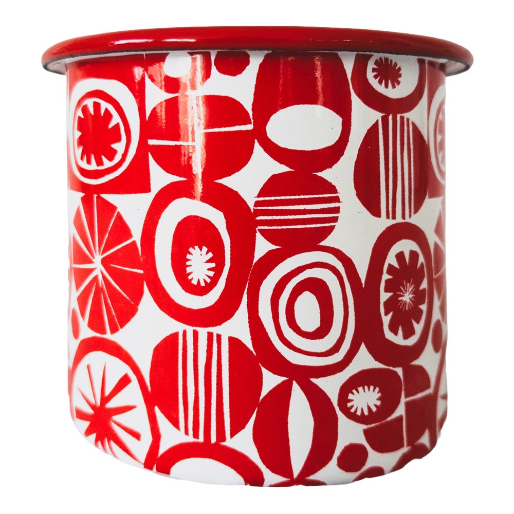 Lori Siebert Enamel Cup Home Decor Red White Mid Century Mod Enamelware MCM
